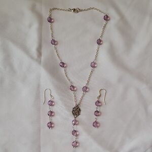 Elegant Purple Hand Made Sterling Silver Beaded Necklace and Earring Set
